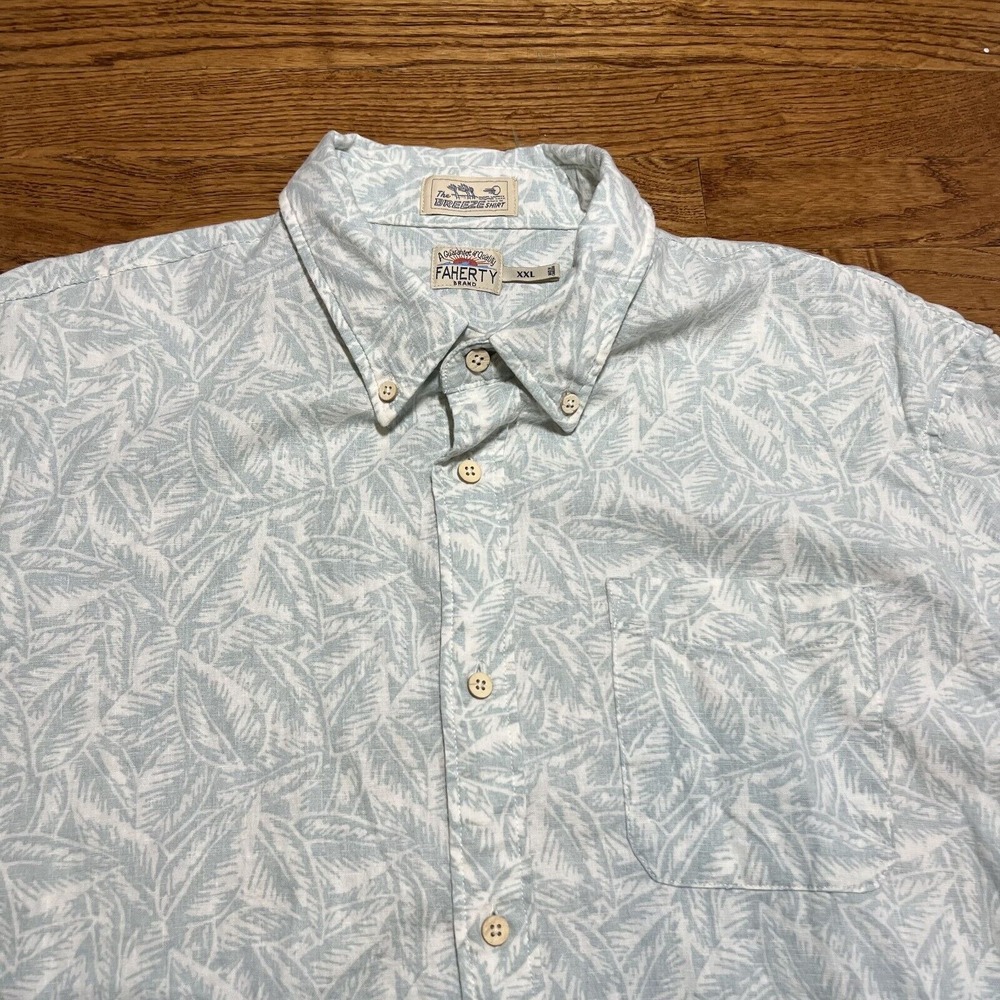 Faherty Mens 2XL Green White Breeze Shirt  Floral Linen Blend Tropical Hawaiian
